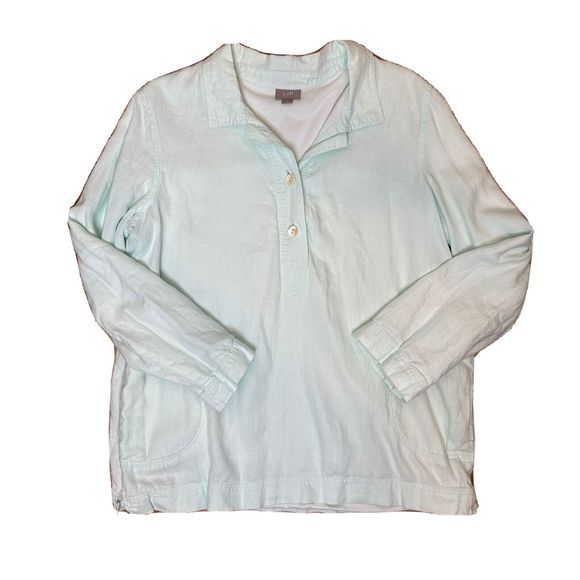 J Jill Linen Top Medium LINED Heavyweight 1/4 Button Long Sleeve Henley Blue - Picture 1 of 11